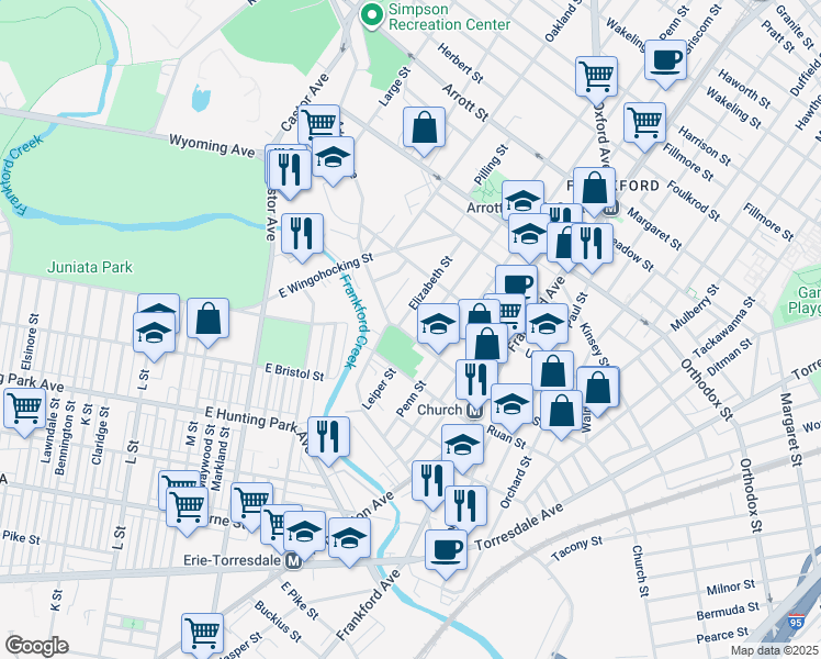 map of restaurants, bars, coffee shops, grocery stores, and more near 1335 Church Street in Philadelphia