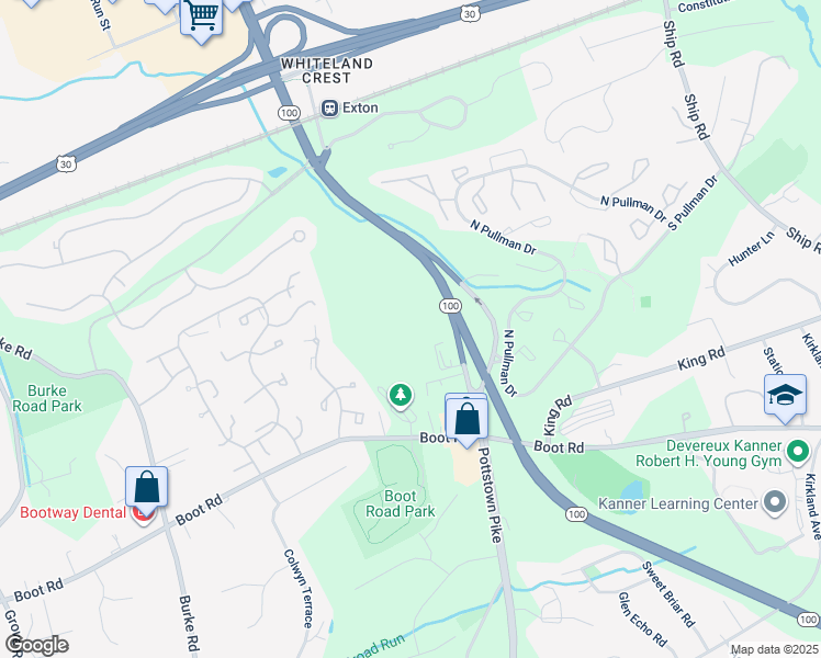 map of restaurants, bars, coffee shops, grocery stores, and more near 55 West Boot Road in West Chester