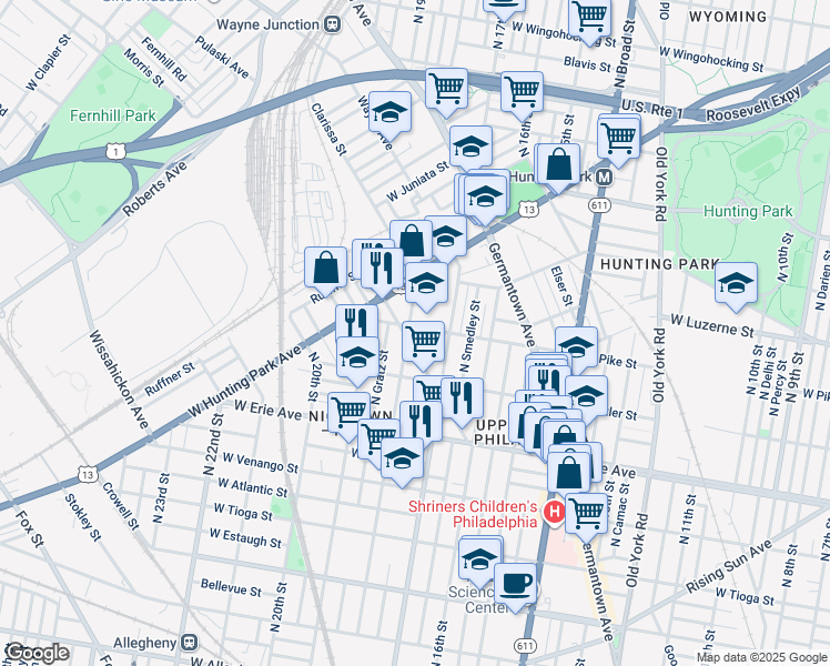 map of restaurants, bars, coffee shops, grocery stores, and more near 3857 North 18th Street in Philadelphia