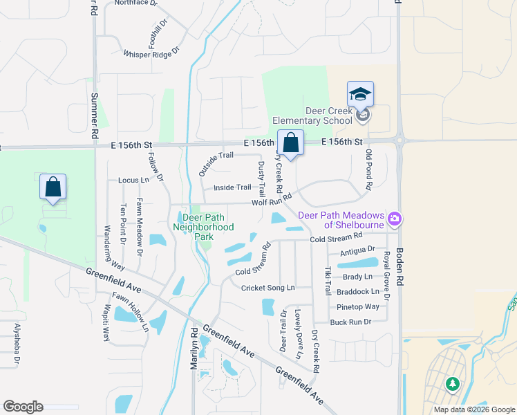 map of restaurants, bars, coffee shops, grocery stores, and more near 15351 Dusty Trail in Noblesville