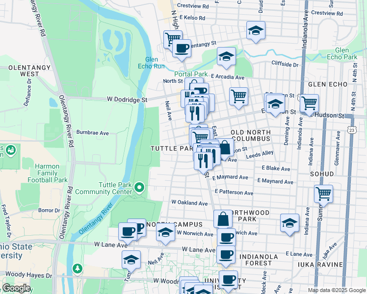 map of restaurants, bars, coffee shops, grocery stores, and more near 49 West Tompkins Street in Columbus