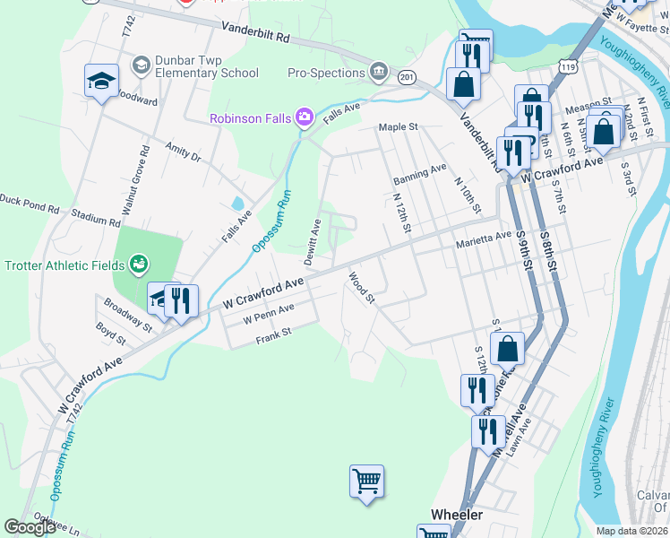 map of restaurants, bars, coffee shops, grocery stores, and more near 1605 W Crawford Ave in Connellsville