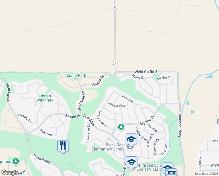 map of restaurants, bars, coffee shops, grocery stores, and more near 2057 Pinon Place in Erie
