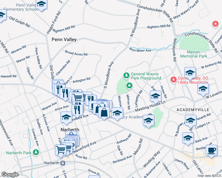 map of restaurants, bars, coffee shops, grocery stores, and more near 383 Maplewood Avenue in Merion Station