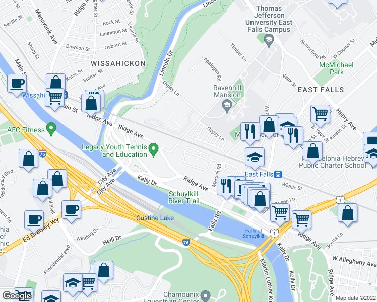 map of restaurants, bars, coffee shops, grocery stores, and more near 4467 Driftwood Drive in Philadelphia