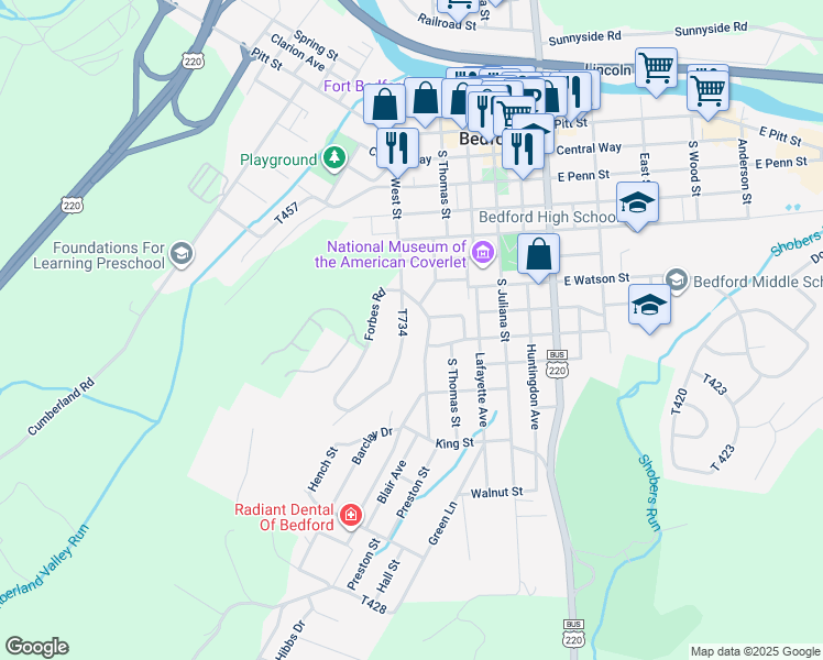 map of restaurants, bars, coffee shops, grocery stores, and more near 507 Oakwood Drive in Bedford