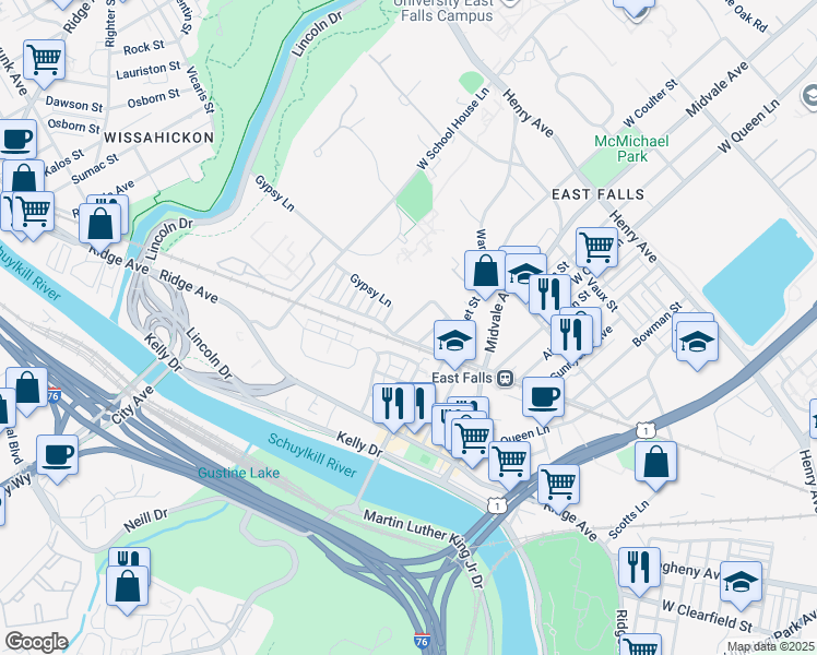 map of restaurants, bars, coffee shops, grocery stores, and more near 3648 Merrick Road in Philadelphia