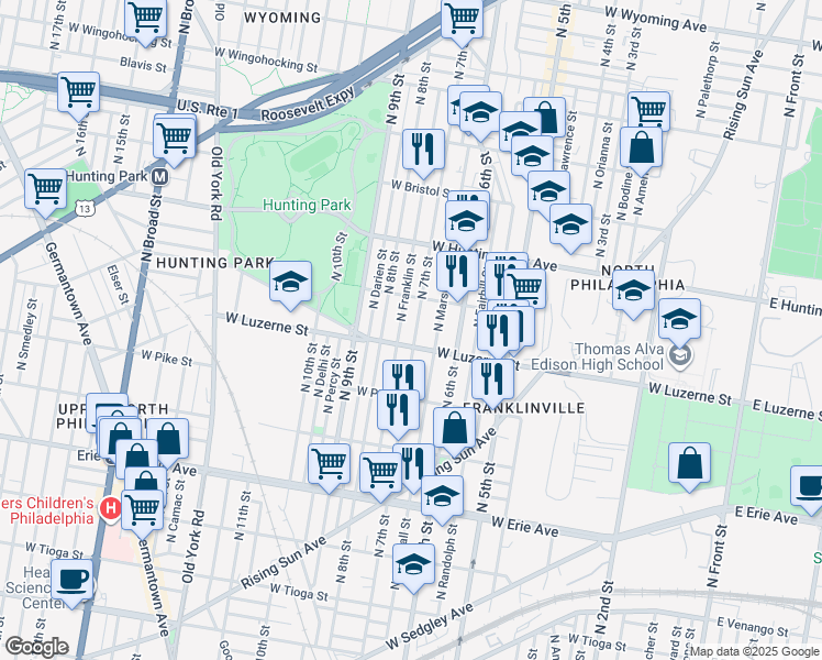 map of restaurants, bars, coffee shops, grocery stores, and more near 4001 North 7th Street in Philadelphia