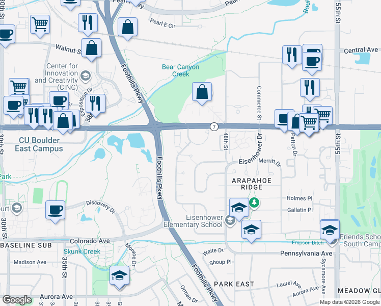 map of restaurants, bars, coffee shops, grocery stores, and more near 4433 Aaron Place in Boulder