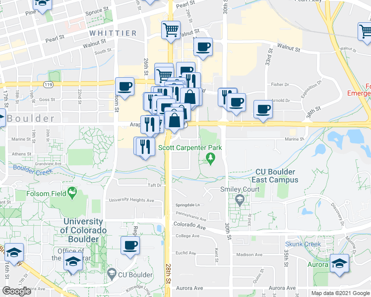 map of restaurants, bars, coffee shops, grocery stores, and more near 2818 Cordry Court in Boulder