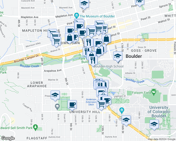 map of restaurants, bars, coffee shops, grocery stores, and more near 1555 Broadway in Boulder