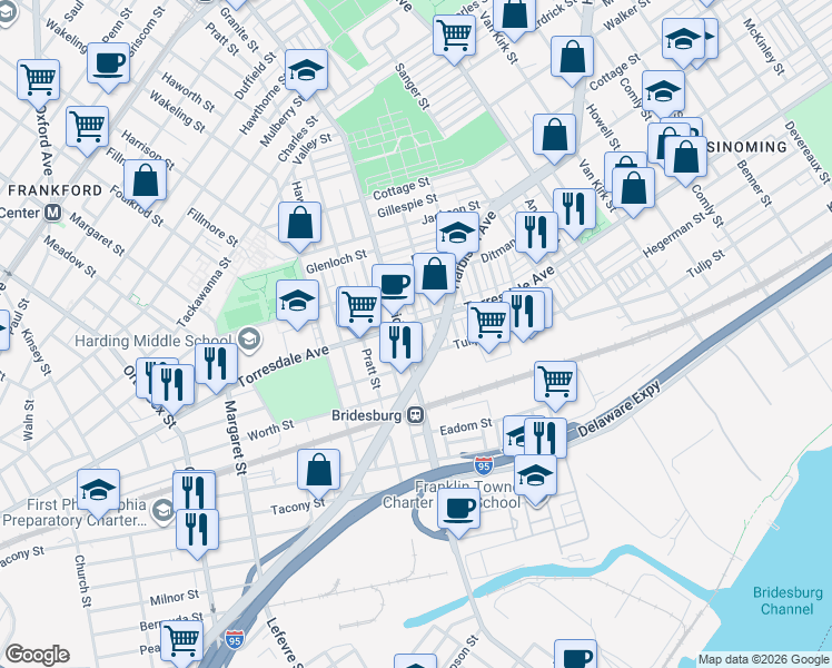 map of restaurants, bars, coffee shops, grocery stores, and more near 2128 Bridge Street in Philadelphia