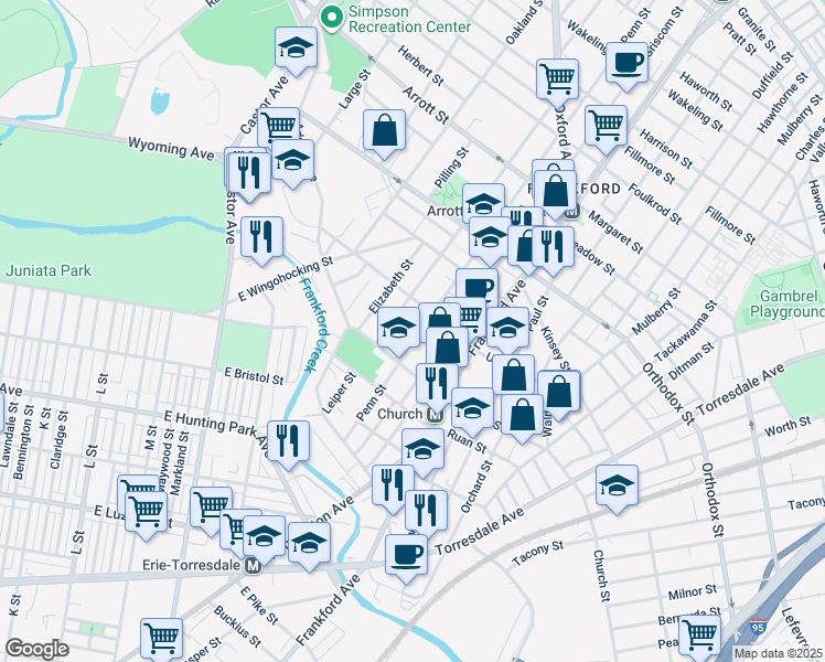 map of restaurants, bars, coffee shops, grocery stores, and more near 4323 Penn Street in Philadelphia
