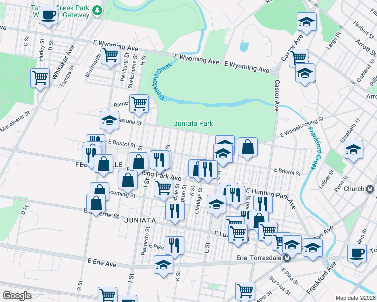 map of restaurants, bars, coffee shops, grocery stores, and more near 4249 Lawndale Street in Philadelphia