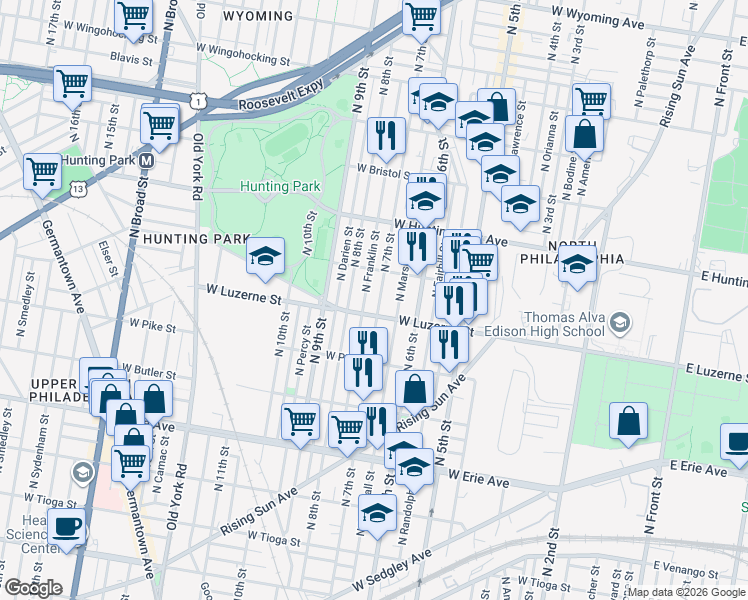 map of restaurants, bars, coffee shops, grocery stores, and more near 4001 North 7th Street in Philadelphia