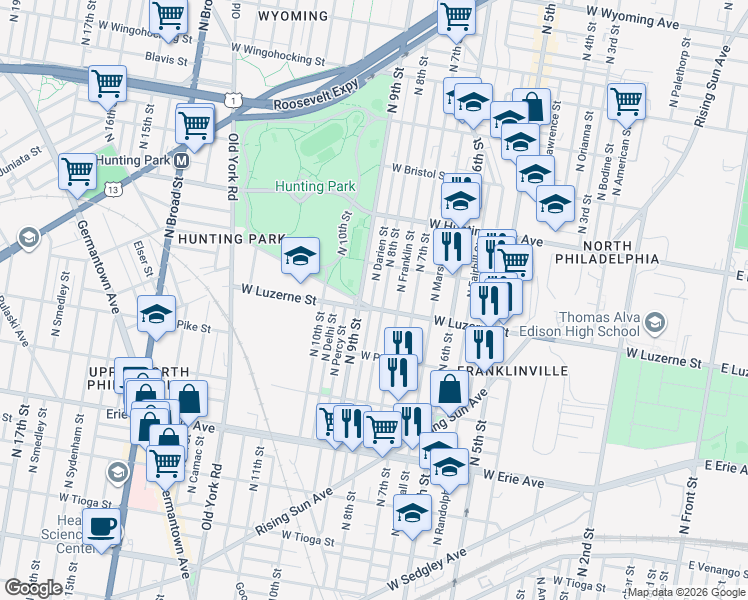 map of restaurants, bars, coffee shops, grocery stores, and more near 3958 North 8th Street in Philadelphia