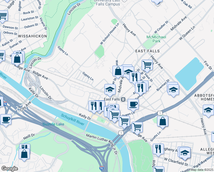 map of restaurants, bars, coffee shops, grocery stores, and more near 3439 Cresson Street in Philadelphia