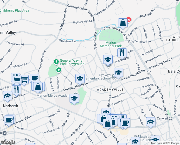 map of restaurants, bars, coffee shops, grocery stores, and more near 510 Winding Way in Merion Station