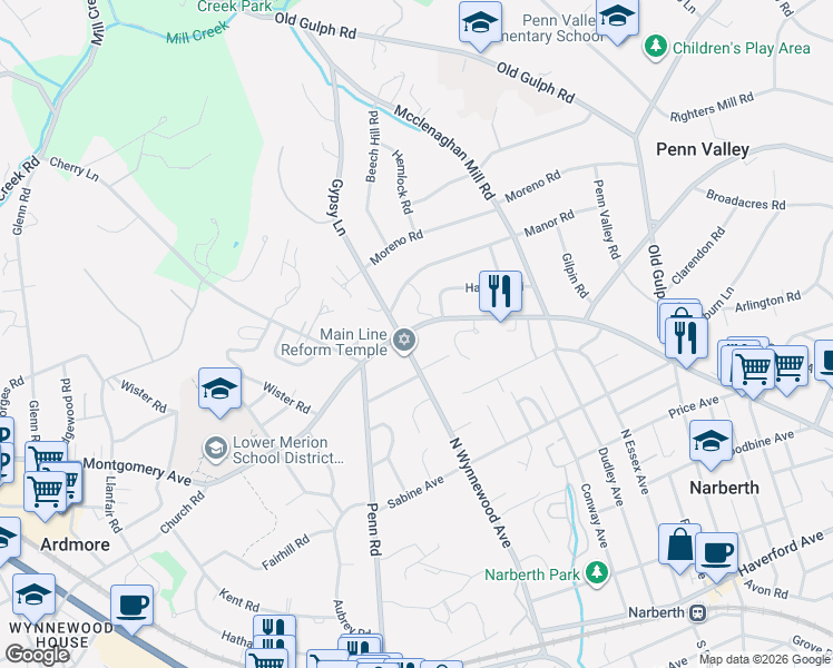 map of restaurants, bars, coffee shops, grocery stores, and more near 410 Montgomery Avenue in Wynnewood