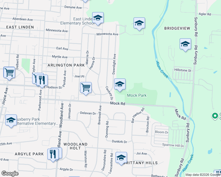 map of restaurants, bars, coffee shops, grocery stores, and more near 2127 Dawnlight Avenue in Columbus