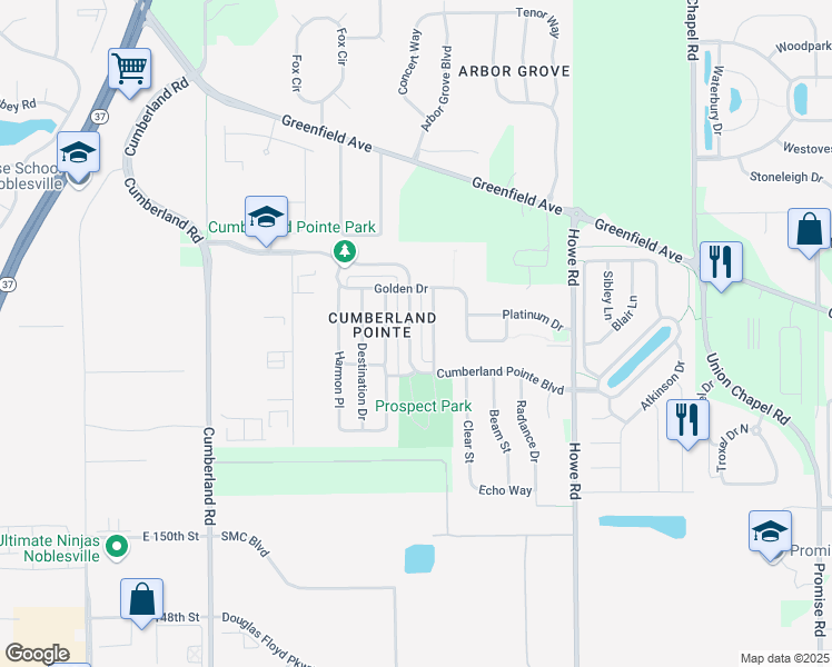 map of restaurants, bars, coffee shops, grocery stores, and more near 10220 Cumberland Pointe Boulevard in Noblesville