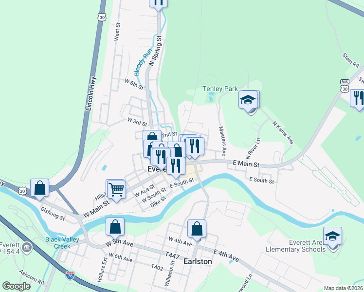 map of restaurants, bars, coffee shops, grocery stores, and more near 33 East Main Street in Everett