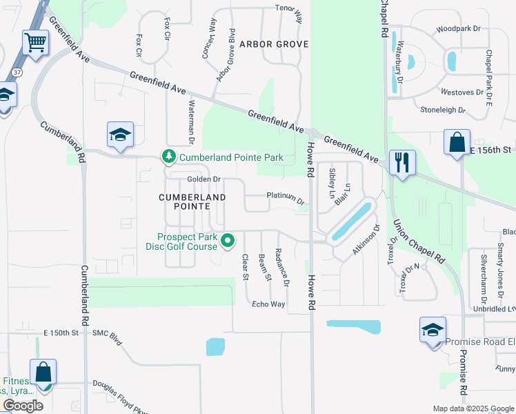 map of restaurants, bars, coffee shops, grocery stores, and more near 10349 Bronze Drive in Noblesville