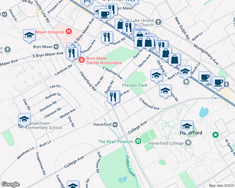 map of restaurants, bars, coffee shops, grocery stores, and more near 720 Preston Avenue in Bryn Mawr