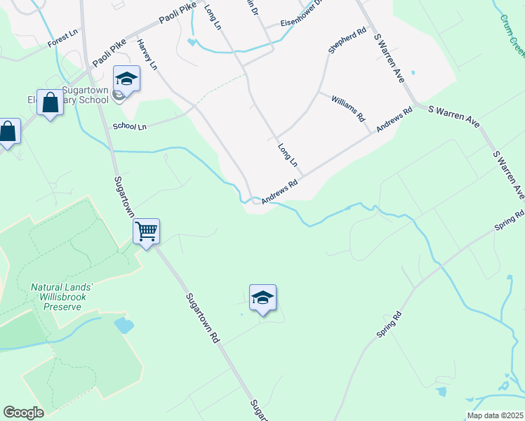 map of restaurants, bars, coffee shops, grocery stores, and more near 27 Andrews Road in Malvern