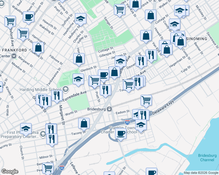 map of restaurants, bars, coffee shops, grocery stores, and more near 2128 Bridge Street in Philadelphia