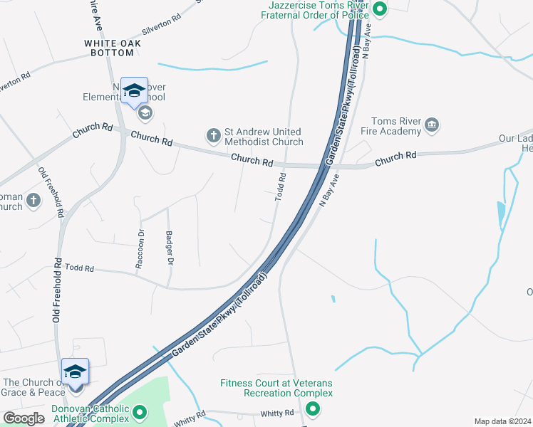 map of restaurants, bars, coffee shops, grocery stores, and more near 1586 Kris Court in Toms River