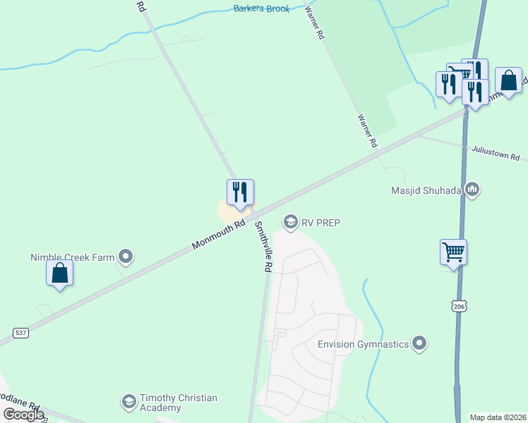 map of restaurants, bars, coffee shops, grocery stores, and more near 1372A Monmouth Road in Eastampton Township