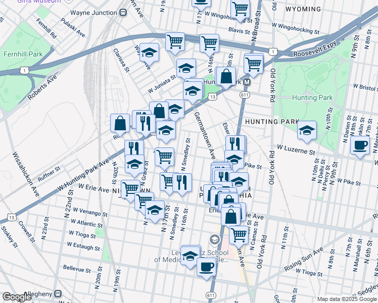 map of restaurants, bars, coffee shops, grocery stores, and more near 3907 North Smedley Street in Philadelphia