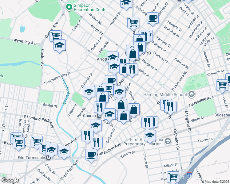 map of restaurants, bars, coffee shops, grocery stores, and more near 4407 Frankford Avenue in Philadelphia