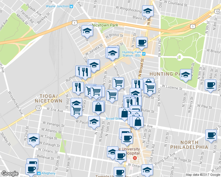 map of restaurants, bars, coffee shops, grocery stores, and more near 3907 North Smedley Street in Philadelphia