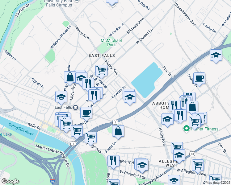 map of restaurants, bars, coffee shops, grocery stores, and more near 3349 Bowman Street in Philadelphia