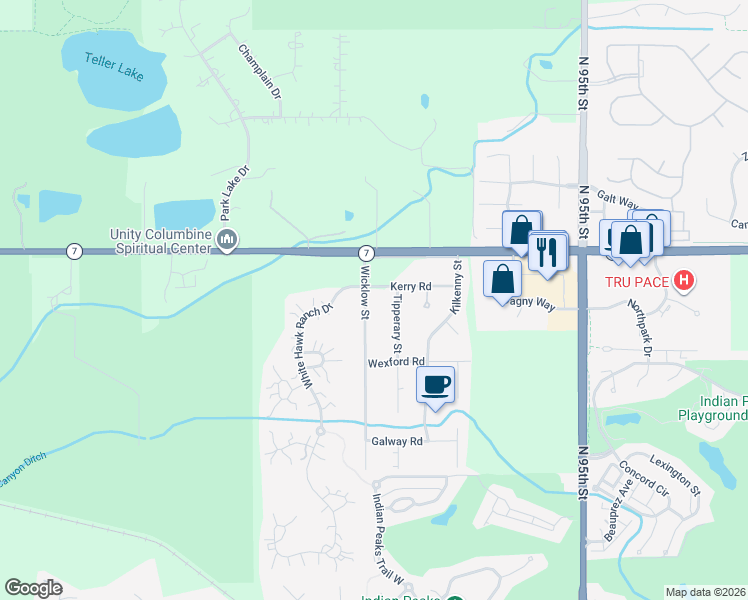map of restaurants, bars, coffee shops, grocery stores, and more near 1459 Tipperary Street in Boulder