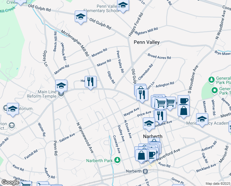 map of restaurants, bars, coffee shops, grocery stores, and more near 202 Stepney Place in Narberth