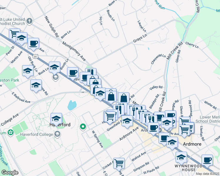 map of restaurants, bars, coffee shops, grocery stores, and more near 250 Montgomery Avenue in Haverford