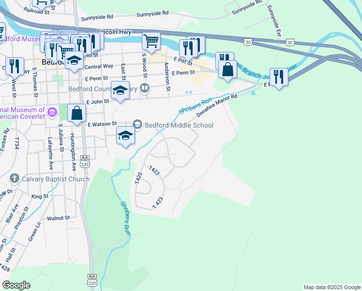 map of restaurants, bars, coffee shops, grocery stores, and more near 114-122 Court Street in Bedford