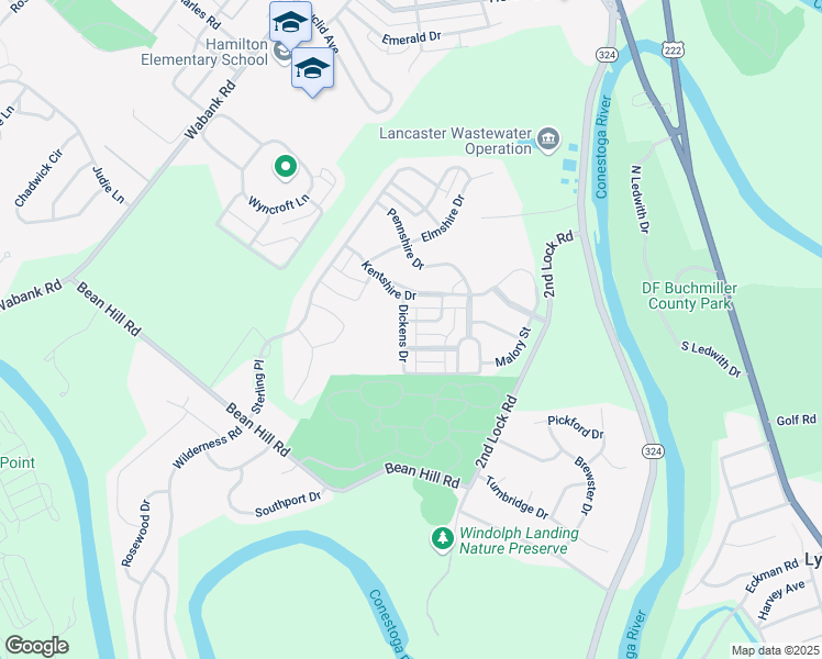 map of restaurants, bars, coffee shops, grocery stores, and more near 405 Dickens Drive in Lancaster