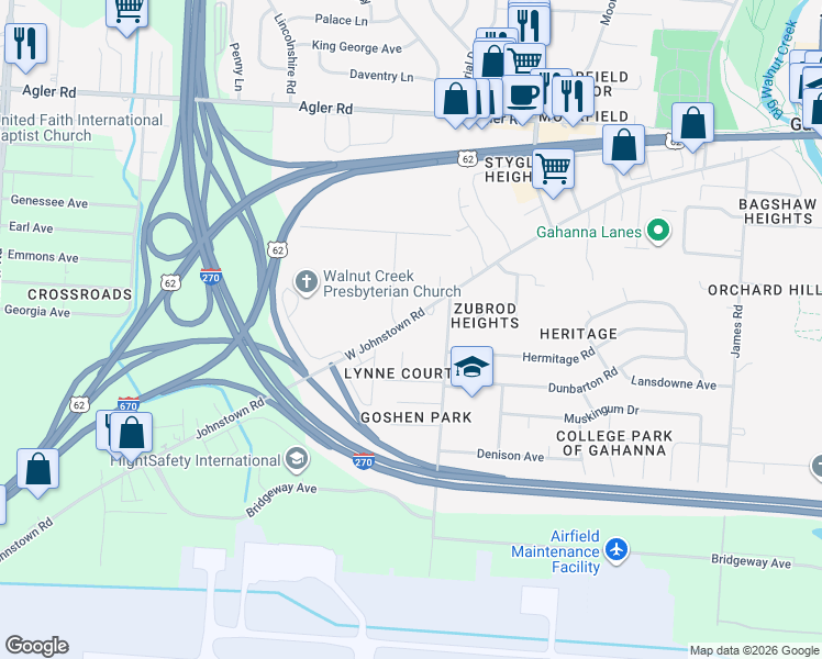 map of restaurants, bars, coffee shops, grocery stores, and more near 321 Diven Court in Columbus