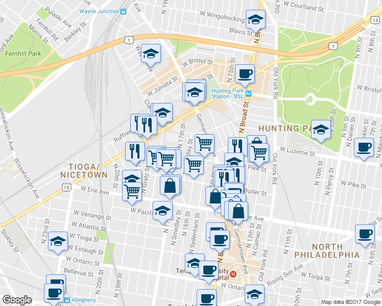 map of restaurants, bars, coffee shops, grocery stores, and more near 3909 North Smedley Street in Philadelphia