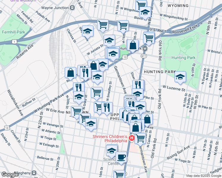 map of restaurants, bars, coffee shops, grocery stores, and more near 3909 North Smedley Street in Philadelphia