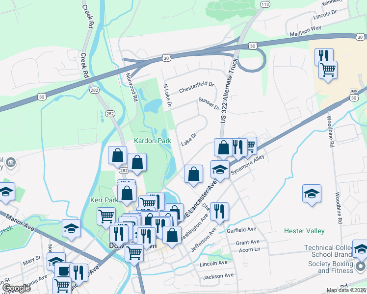 map of restaurants, bars, coffee shops, grocery stores, and more near 105 Lake Drive in Downingtown