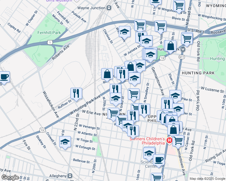 map of restaurants, bars, coffee shops, grocery stores, and more near 1920 West Hunting Park Avenue in Philadelphia