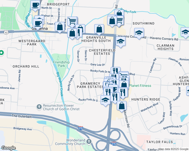 map of restaurants, bars, coffee shops, grocery stores, and more near 267 Flint Ridge Drive in Columbus