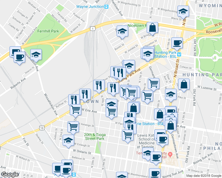 map of restaurants, bars, coffee shops, grocery stores, and more near 1920 West Hunting Park Avenue in Philadelphia