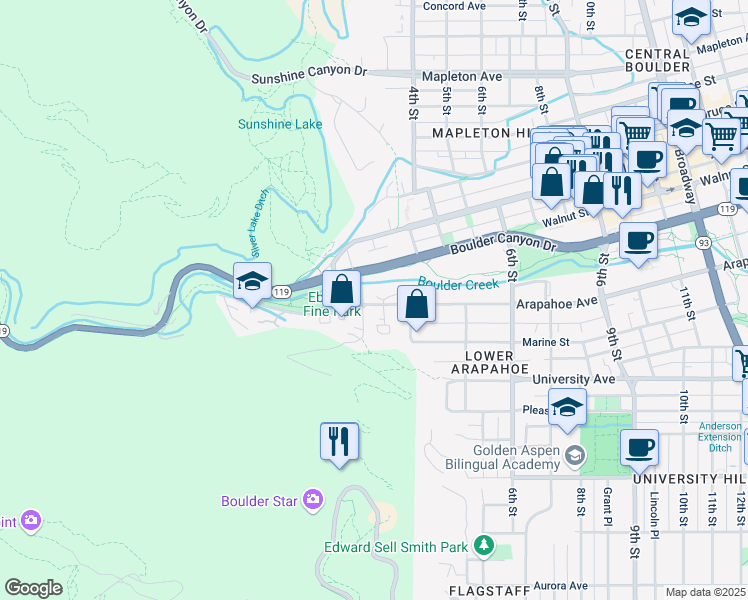 map of restaurants, bars, coffee shops, grocery stores, and more near 358 Arapahoe Avenue in Boulder