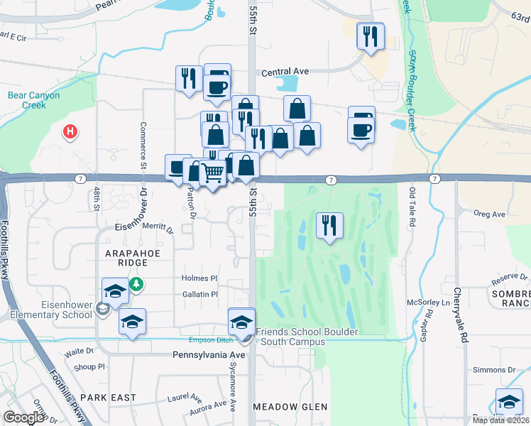 map of restaurants, bars, coffee shops, grocery stores, and more near 1460 55th Street in Boulder